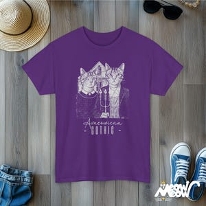 Ameowican Gothic Cat T-Shirt: Funny Art Parody Tee Purple