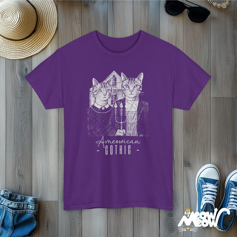 Ameowican Gothic Cat T-Shirt: Funny Art Parody Tee Purple