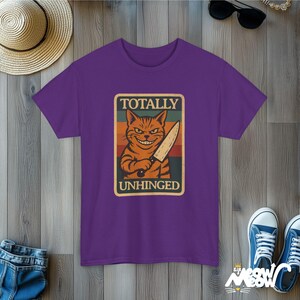 Unhinged Cat Knife T-Shirt: Funny Psycho Cat, Retro Style Purple