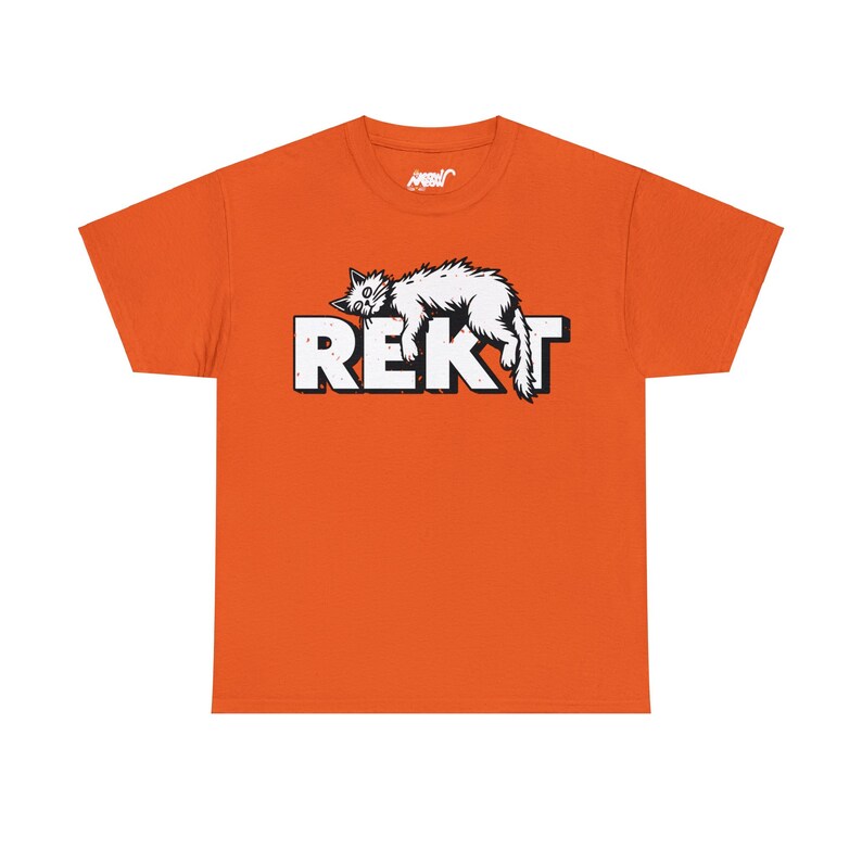 Orange unisex T-shirt featuring humorous white “REKT” text topped with an illustration of an exhausted cat lying sprawled out, capturing gamer and meme culture vibes.