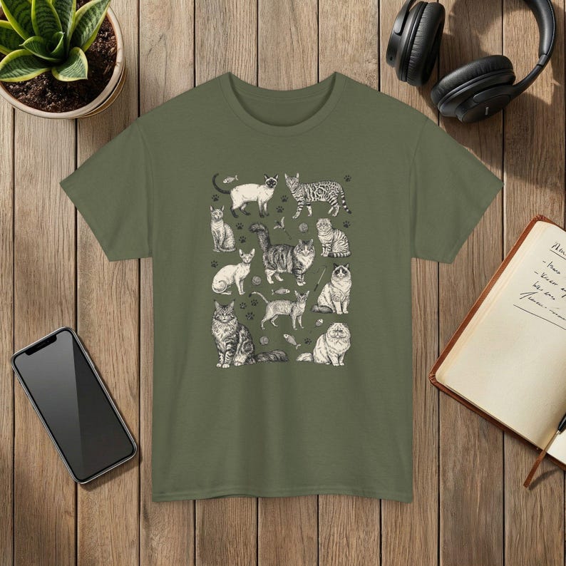 Vintage 90s Cat Breed T-Shirt: Retro Tattoo Style Military Green