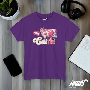 Cattle Cat T-Shirt, Funny Cow Print Cat Tee, Animal Lover Gift Purple