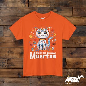 Día de los Muertos Cat T-Shirt, Sugar Skull Cat Design, Mexican Holiday Celebration Tee, Perfect Gift for Día de Muertos Orange