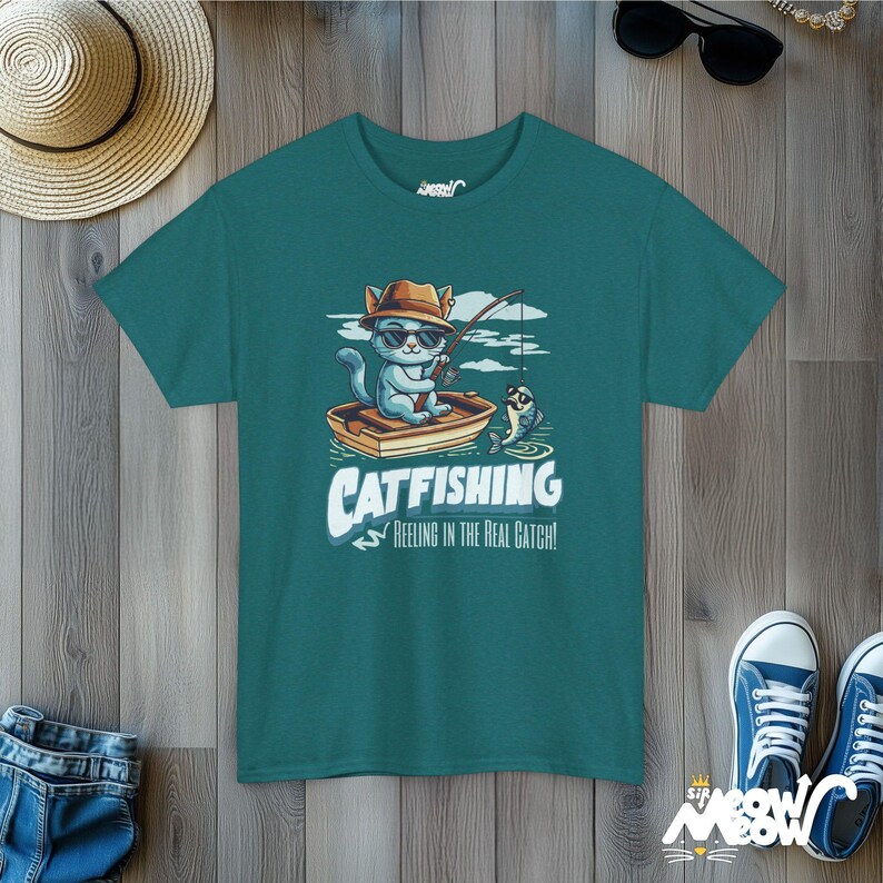 Catfishing Unisex Tee: Funny Cat & Fishing Graphic T-Shirt Antique Jade Dome