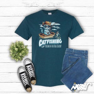 Catfishing Unisex Tee: Funny Cat & Fishing Graphic T-Shirt Midnight