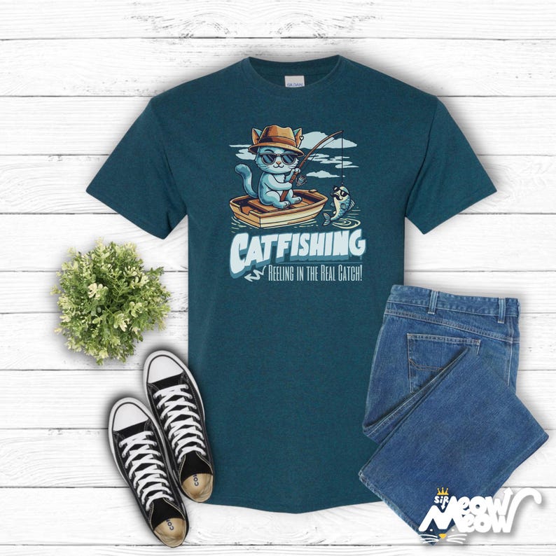 Catfishing Unisex Tee: Funny Cat & Fishing Graphic T-Shirt Midnight