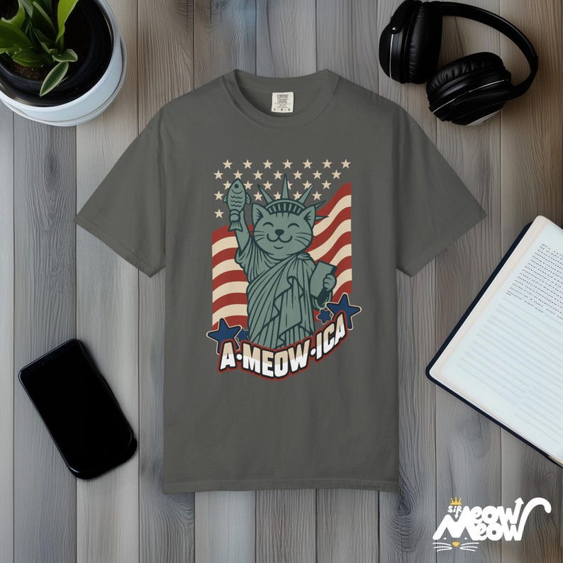 A-Meow-ica Cat T-Shirt: Patriotic Fourth of July Comfort Colors Tee Pepper
