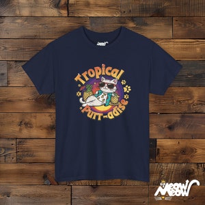 Tropical Cat T-Shirt: Funny Beach Purr-adise Tee Navy