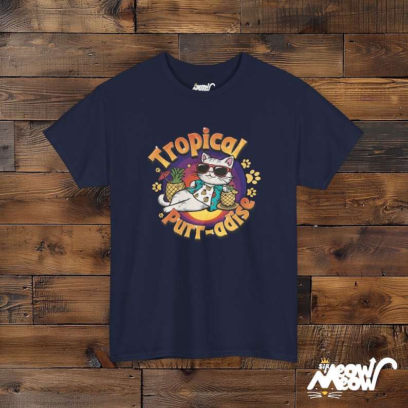 Tropical Cat T-Shirt: Funny Beach Purr-adise Tee Navy