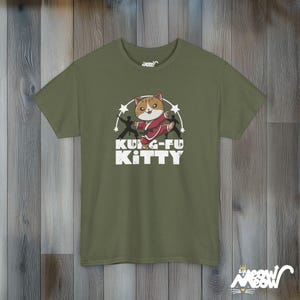 Kung Fu Kitty T-Shirt: Funny Martial Arts Cat Tee Military Green