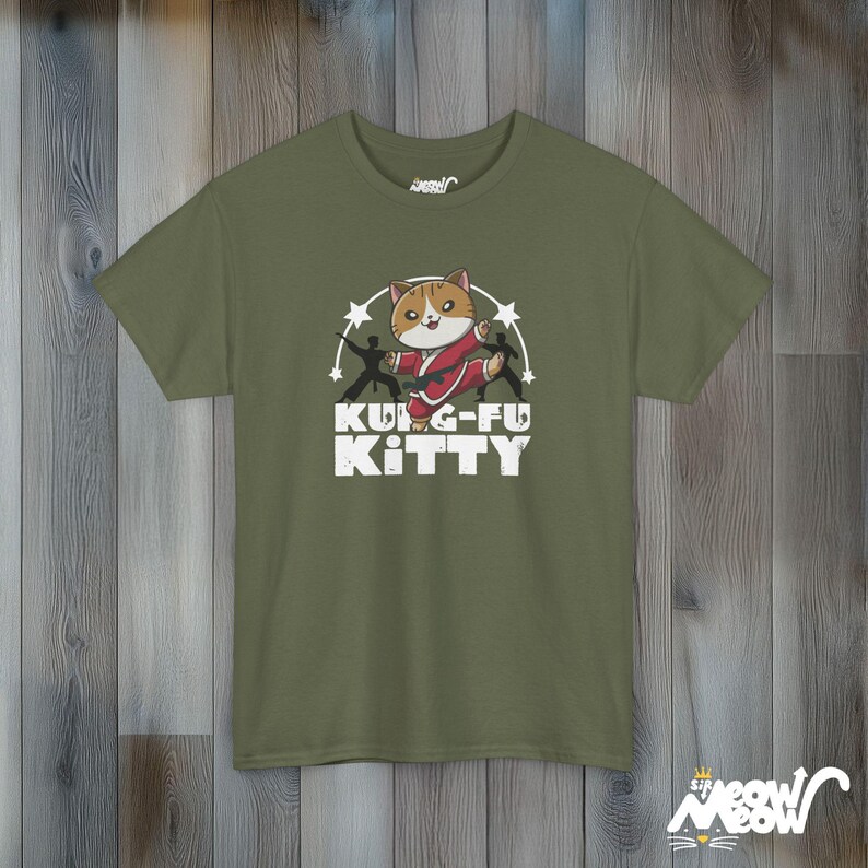 Kung Fu Kitty T-Shirt: Funny Martial Arts Cat Tee Military Green