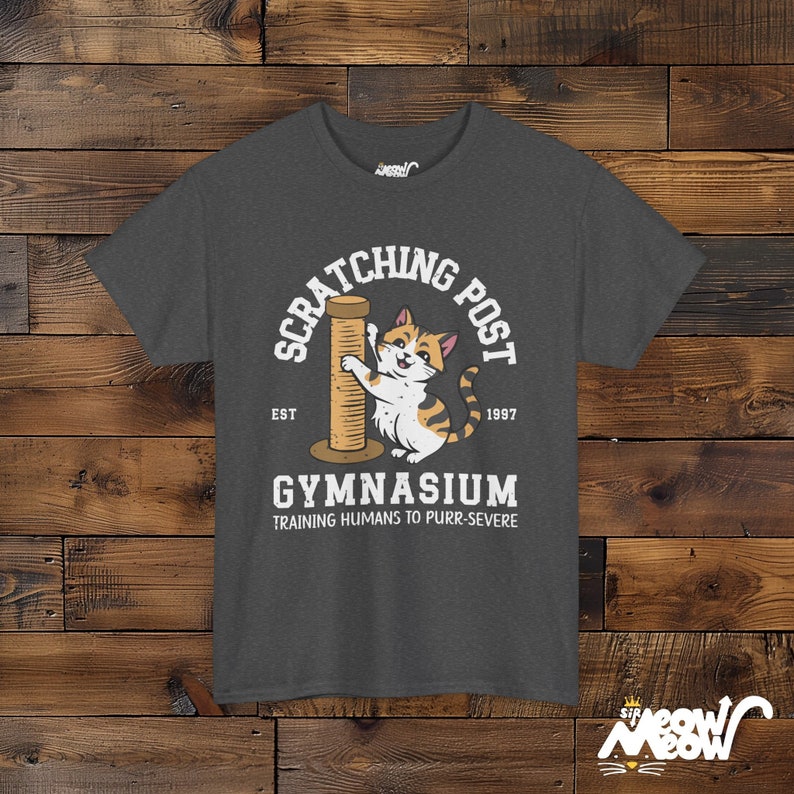 Funny Cat Training T-Shirt: Scratching Post Gymnasium Unisex Tee Dark Heather