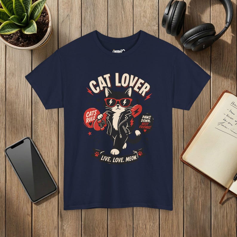 Punk Cat Graphic Tee, Edgy Cat Lover Shirt, Live Love Meow, Unisex Pet Top image 8