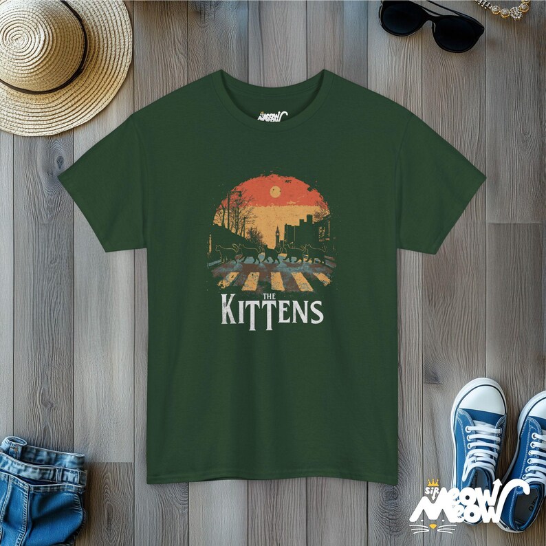 The Kittens Cat Band T-Shirt: Funny Beatles Parody Tee Forest Green