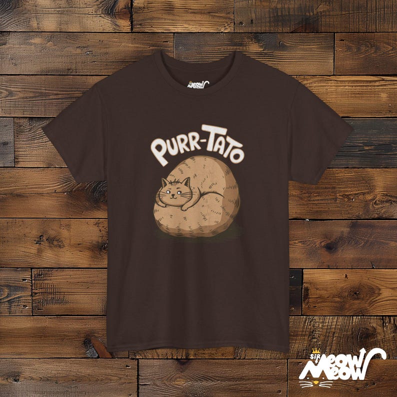 Purr-Tato Cat T-Shirt: Funny Lazy Cat Potato Design Dark Chocolate