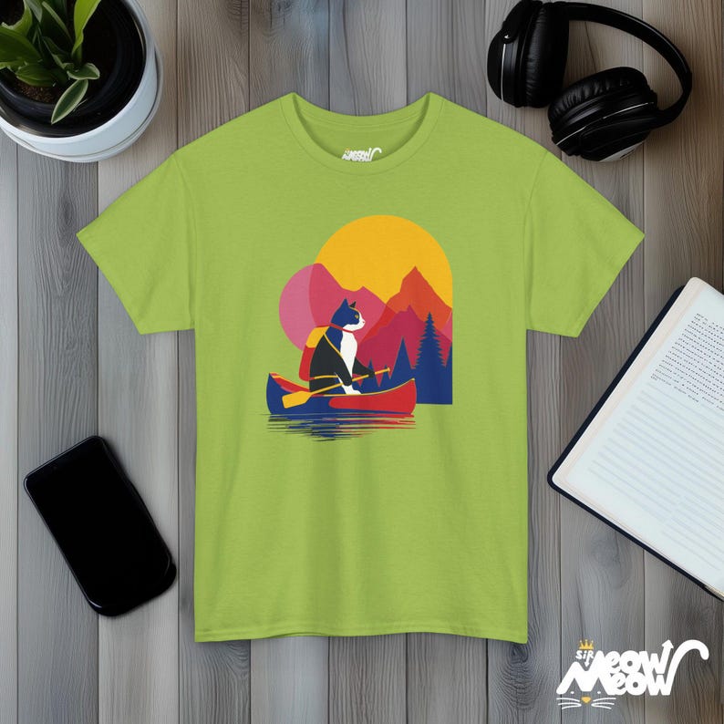 Camiseta de Canoe Cat, puesta de sol en la montaña, aventura al aire libre Kiwi