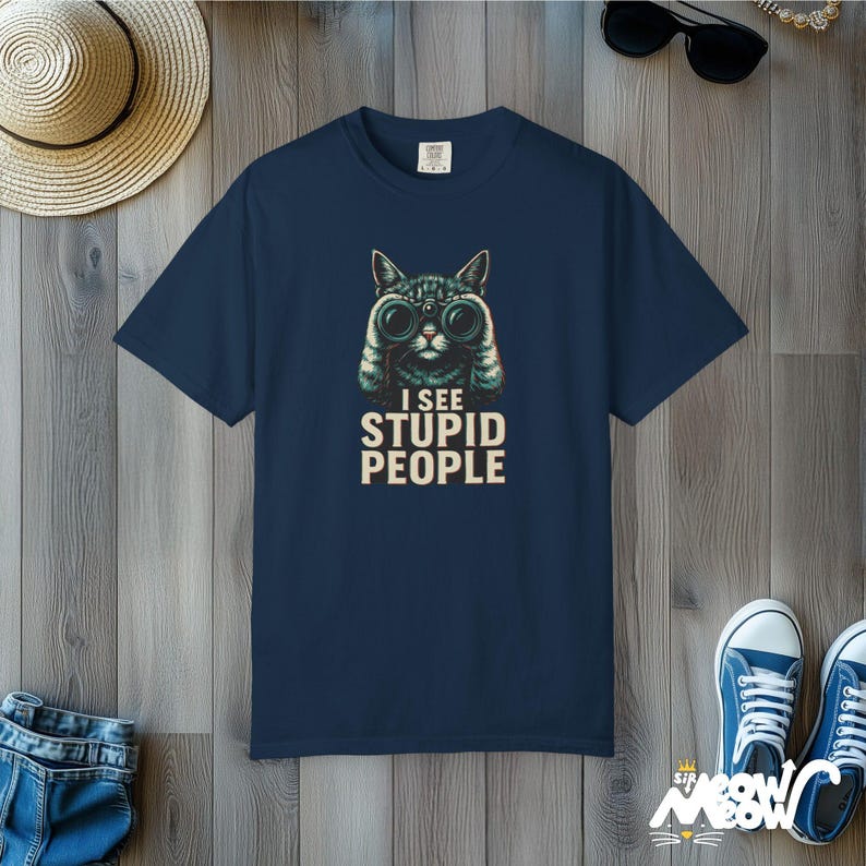 Comfort Colors Cat Binoculars T-Shirt: Sarcastic Humor Tee True Navy