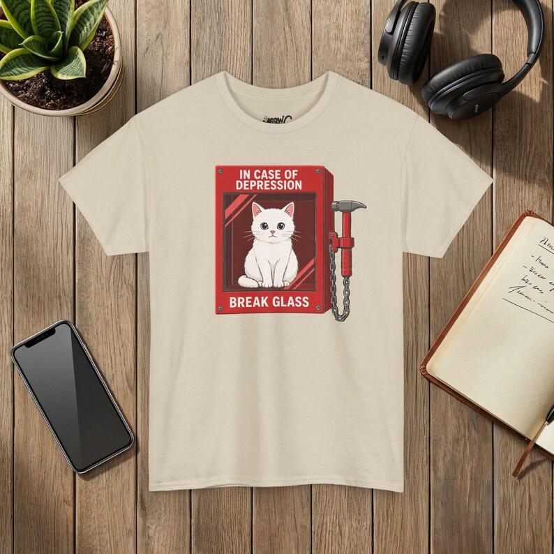 In Case Of Depression Cat Shirt, Break Glass Cat T-Shirt, Funny Cat Lover Tee, Mental Health Humor Shirt, Cute White Cat Gift image 4
