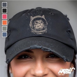 Space Cat Astronaut Distressed Cap: Funny Cosmic Kitty Hat