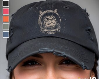 Space Cat Astronaut Distressed Cap: Funny Cosmic Kitty Hat