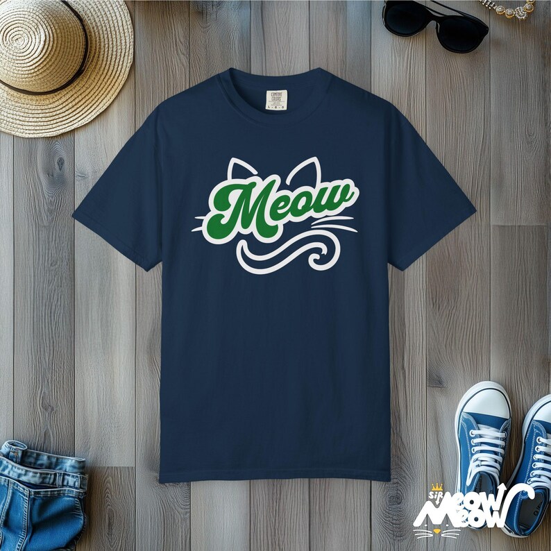Meow Script Cat T-Shirt: Retro Kitty Comfort Colors Tee True Navy