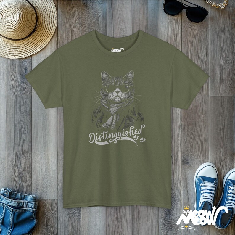 Distinguished Cat T-Shirt: Sunglasses & Scarf, Cat Lover Gift Military Green