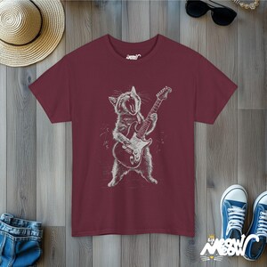 Rockin' Cat T-Shirt - Funny Guitar Playing Cat Design - Music Lover Gift Maroon