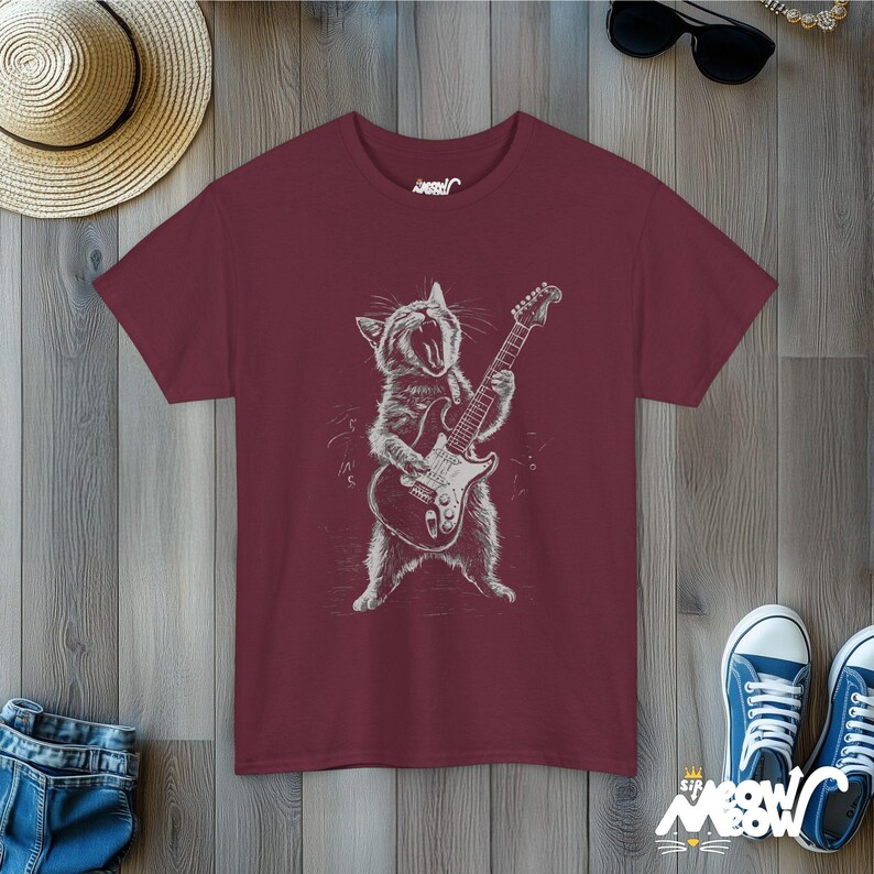 Rockin' Cat T-Shirt - Funny Guitar Playing Cat Design - Music Lover Gift Maroon
