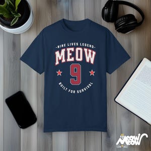 MEOW 9 Cat T-Shirt: Funny Comfort Colors Tee, Cat Lover Gift True Navy