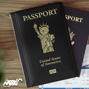 Funda para pasaporte de Estados Unidos de América, con bloqueo RFID, diseño de la Estatua de la Libertad, piel sintética negra y dorada, ideal como regalo de viaje para amantes de los gatos.