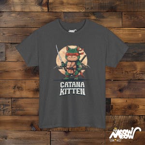Ninja Cat T-Shirt, Samurai Kitten Graphic, Funny Cat Lover Gift Dark Heather