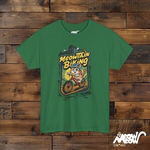 Meowtain Biking T-Shirt: Fun Cat Graphic Tee for Outdoor Lovers Turf Green