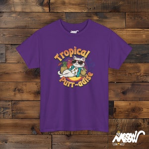 Tropical Cat T-Shirt: Funny Beach Purr-adise Tee Purple