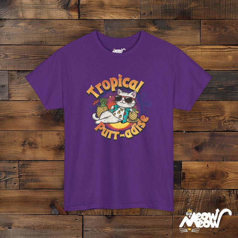 Tropical Cat T-Shirt: Funny Beach Purr-adise Tee Purple