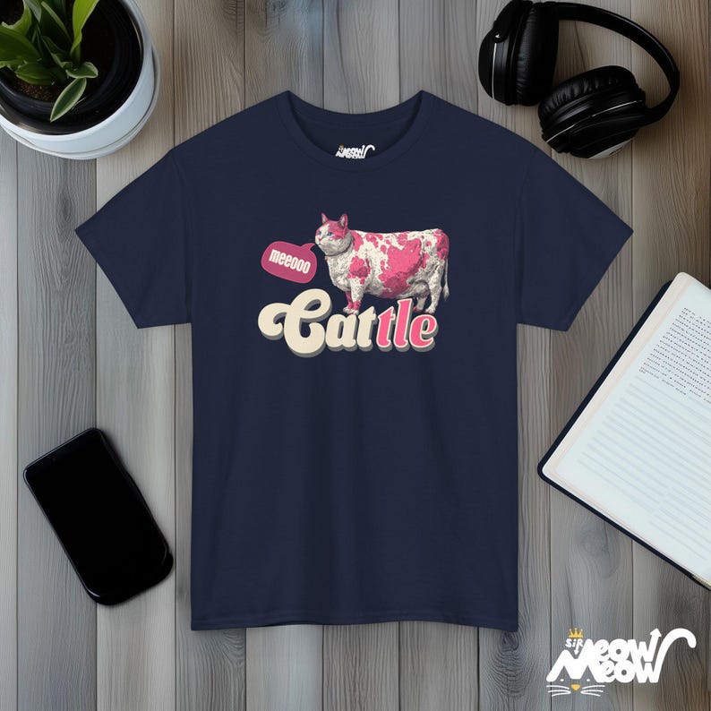 Cattle Cat T-Shirt, Funny Cow Print Cat Tee, Animal Lover Gift Navy