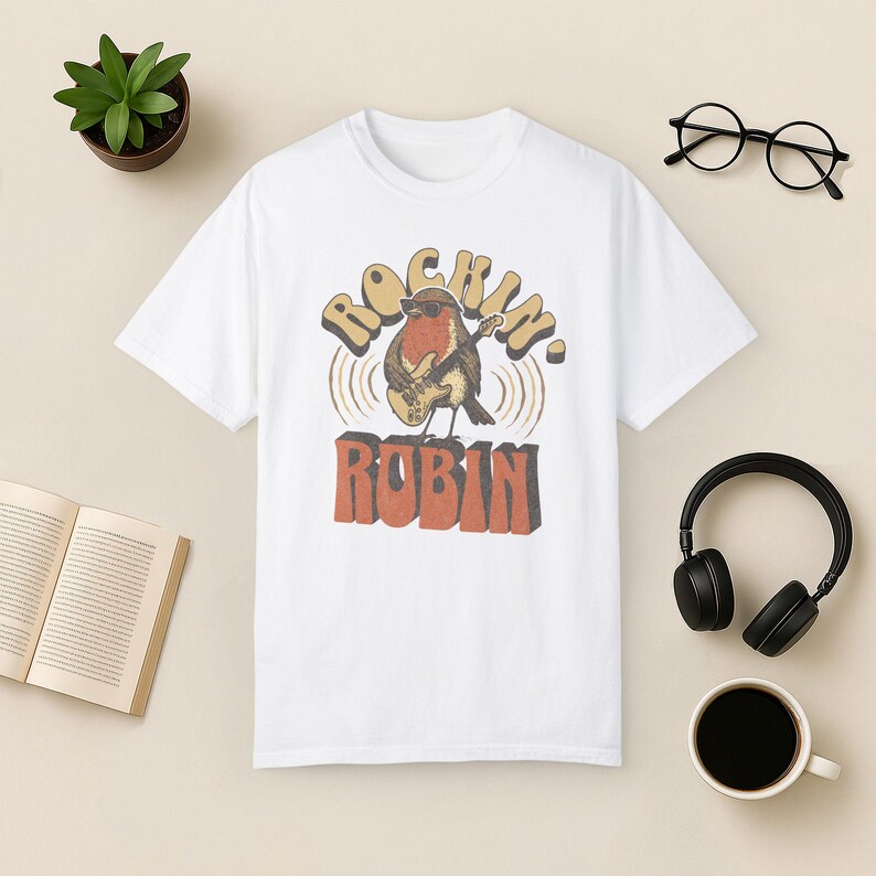 Rockin' Robin Graphic Tee: Retro Bird Music Lover Shirt White