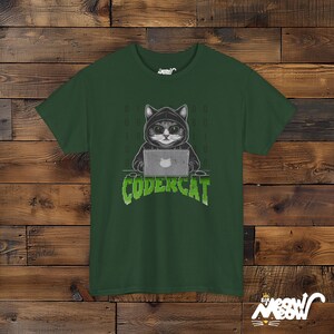 Coder Cat T-Shirt: Tech Geek Programmer Gift Forest Green