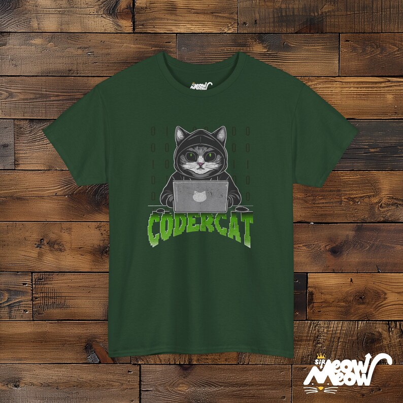 Coder Cat T-Shirt: Tech Geek Programmer Gift Forest Green