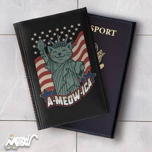 Funda para pasaporte A-Meow-ica, con bloqueo RFID, diseño de la Estatua de la Libertad, cartera de viaje de piel sintética negra, regalo divertido para el 4 de julio