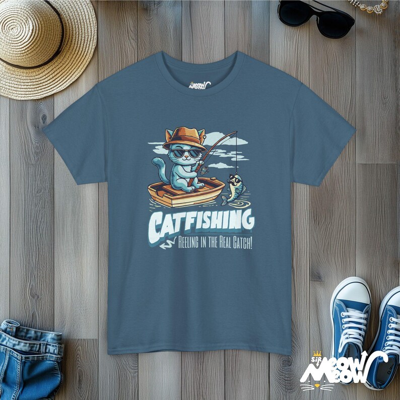 Catfishing Unisex Tee: Funny Cat & Fishing Graphic T-Shirt Indigo Blue