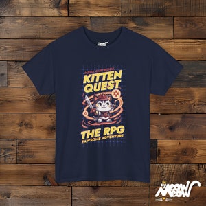 Kitten Quest RPG T-Shirt: Gamer Cat Tee, Pawsome Adventure Graphic Navy