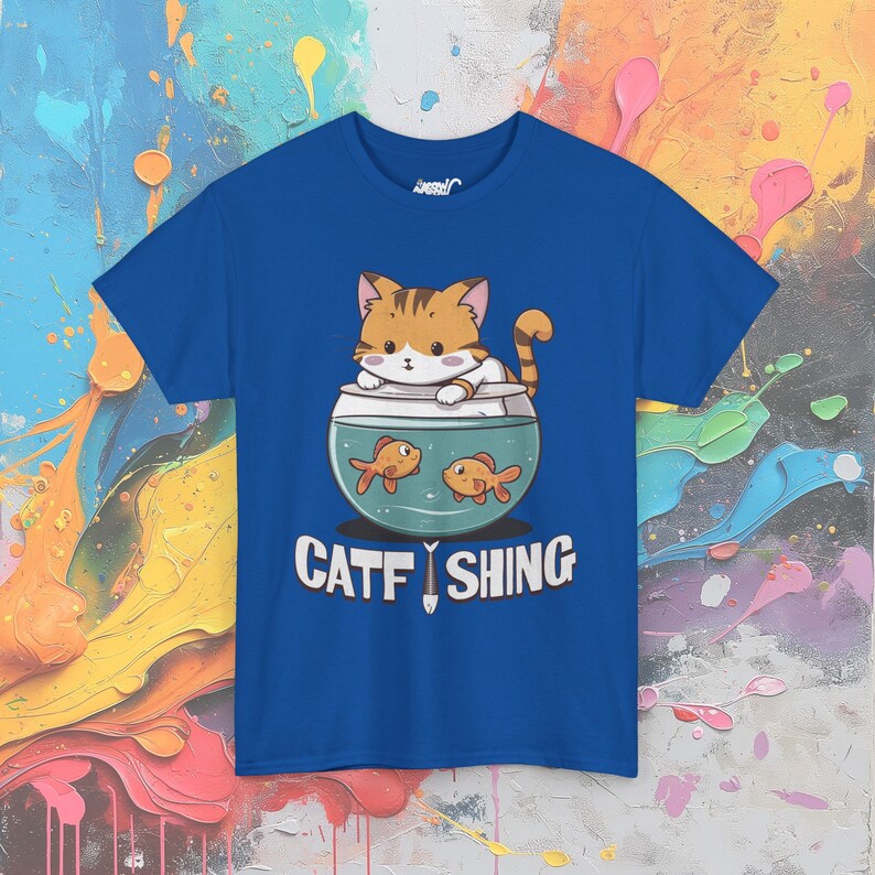 Catfishing Pun T-Shirt: Funny Cat & Fish Graphic Tee Royal