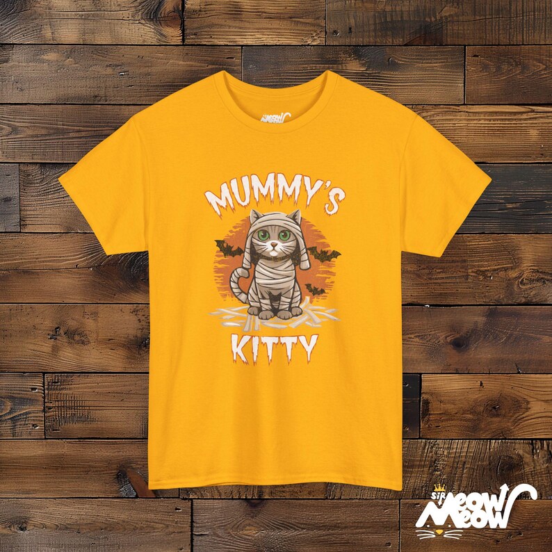 Camiseta unissex Mummy Cat, presente de Halloween assustador Gold