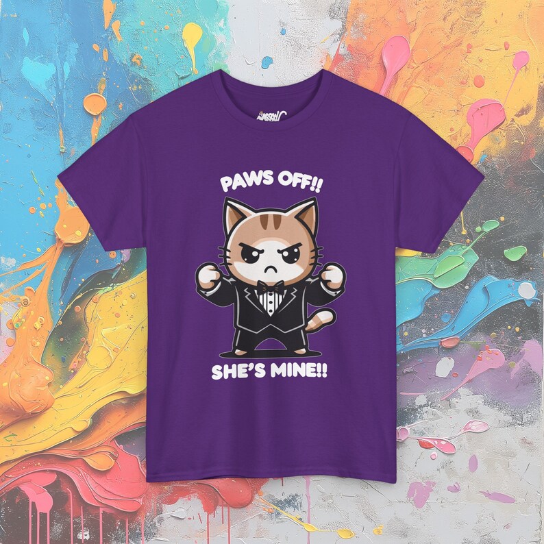Paws Off Bride & Groom Cat T-Shirts: Funny Wedding Apparel Purple|Cat Groom