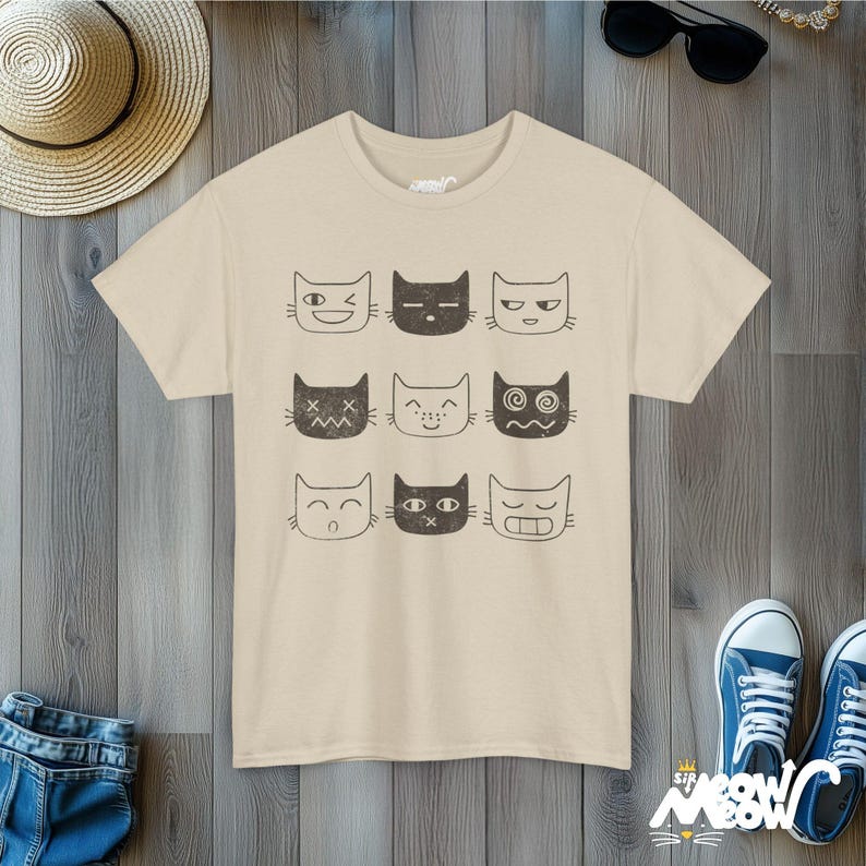 Funny Cat Expressions T-Shirt: Cat Lover Graphic Tee Sand
