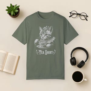 Funny Cat-theeshirt: vintage graphic comfort kleuren T-shirt Moss