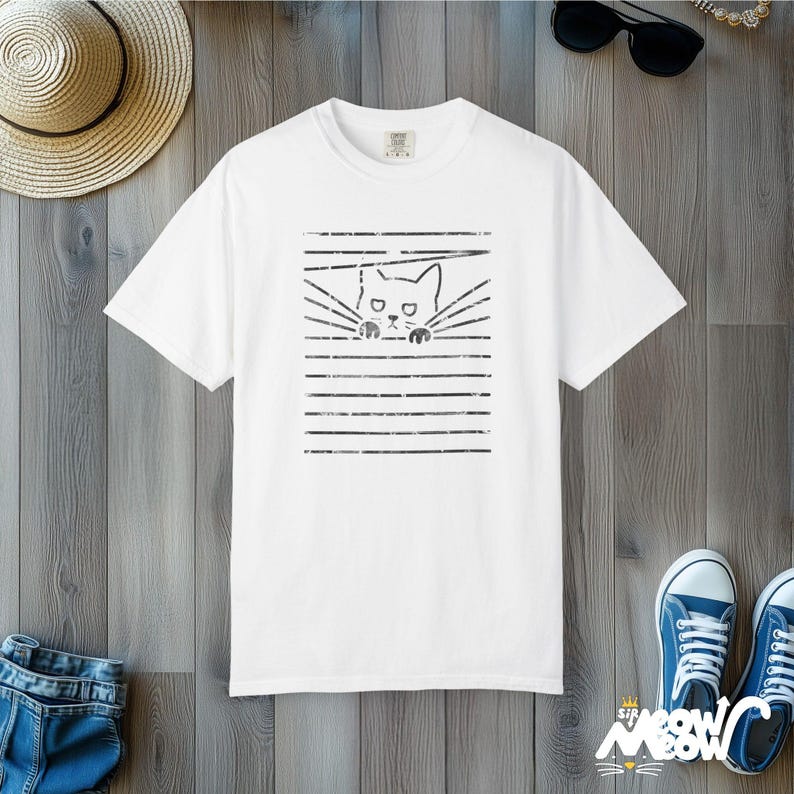 Comfort Colors Cat Blinds T-Shirt: Funny Mischief Tee White