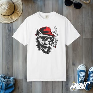 Cool Cat Fedora T-Shirt, Smoking Cat Lover Gift, Comfort Colors Unisex Tee White