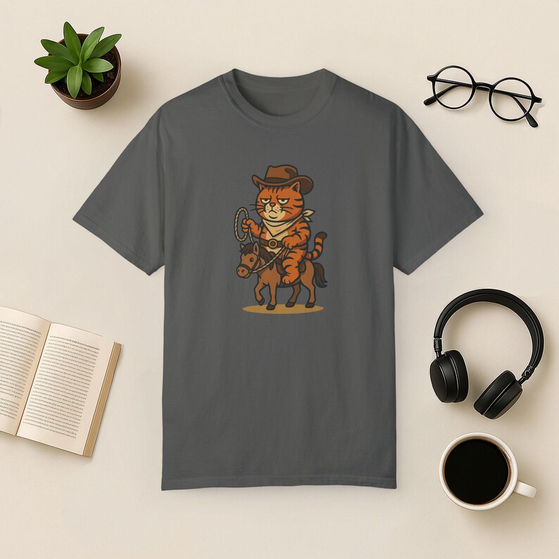 Cowboy Cat Comfort Colors Tee: Funny Rodeo Graphic T-Shirt Pepper