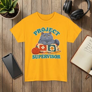 Project Supervisor Cat T-Shirt, Funny Crochet Shirt, Gift for Cat Lovers Gold